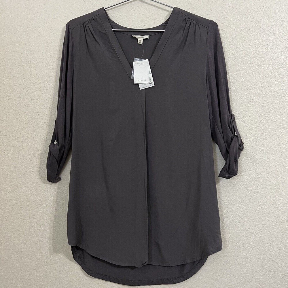 Pleone Womens Blouse Top Size XS Gray Roll Tab Sleeve NWT